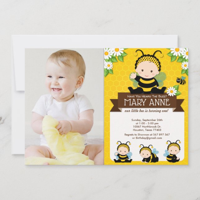 Honungsbin Cute Baby Humla 1:a födelsedagsfoto Inbjudningar (Framsida)