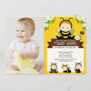 Honungsbin Cute Baby Humla 1:a födelsedagsfoto Inbjudningar