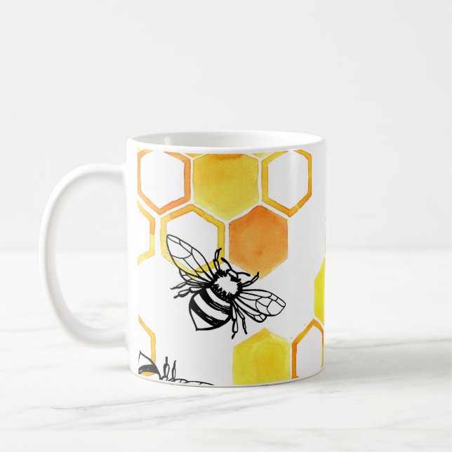 Honungsbin: Gult Watercolor Mönster Kaffemugg (Vänster)