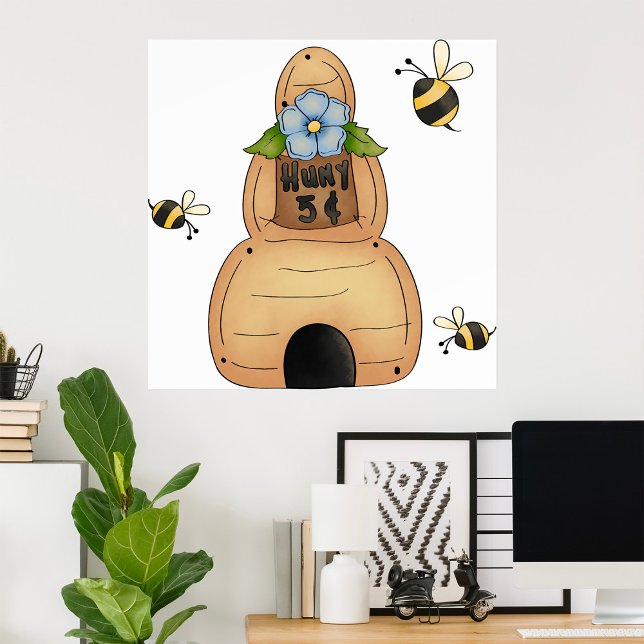 Honungsbin Hive med blå blommor och bin Poster (Skapare uppladdad)