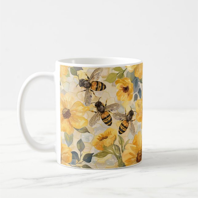 Honungsbin Honeycomb Flower Floral Pattern Kaffemugg (Vänster)