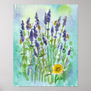 Honungsbin Lavender Herb Watercolor Flowers Poster
