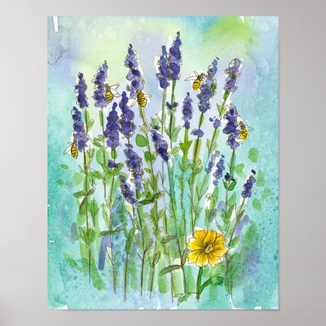 Honungsbin Lavender Herb Watercolor Flowers Poster (Framsidan)