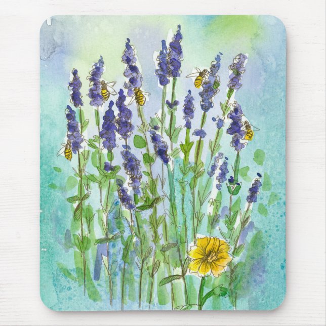 Honungsbin Lavender Watercolor Flowers Blue Musmatta (Framsidan)