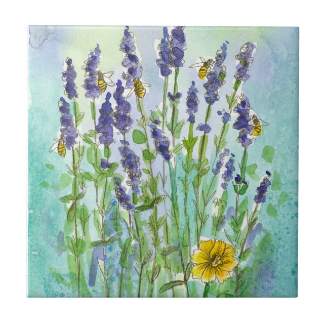 Honungsbin Lavender Watercolor Flowers Kakelplatta (Framsidan)