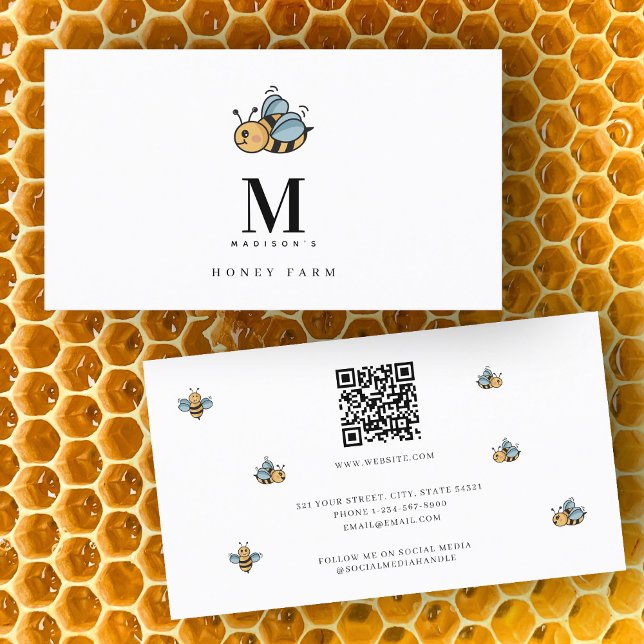 Honungsbin Luxury Monogram Minimalist QR-kod Visitkort (Honey Bee Luxury Monogram Minimalist QR Code Business Card)