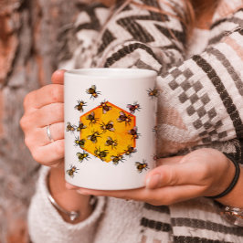Honungsbin med orange gult hexagon teckning art kaffemugg