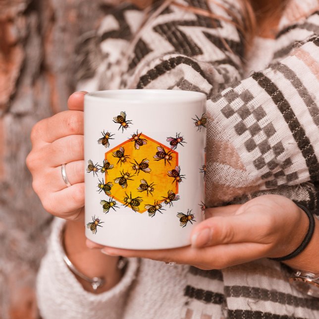 Honungsbin med orange gult hexagon teckning art kaffemugg (Skapare uppladdad)