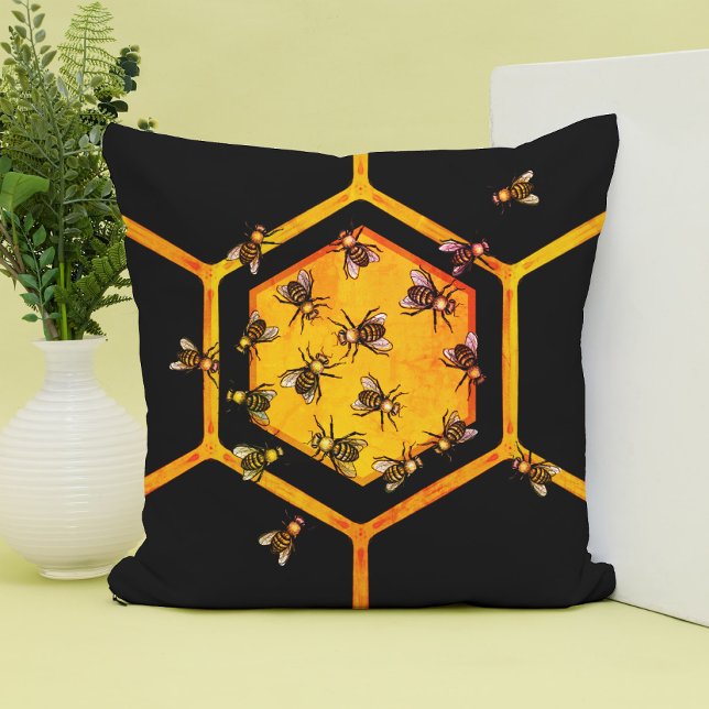Honungsbin med orange gult hexagon teckning art kudde (Skapare uppladdad)