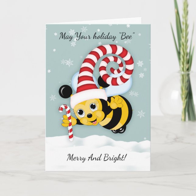 Honungsbin med Roligt Helgdag Hat och Candy cane Helgkort (Framsida)