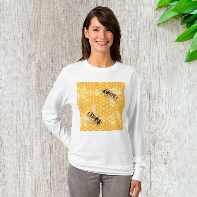 Honungsbin på Bright Honeycomb Mönster T Shirt (Skapare uppladdad)