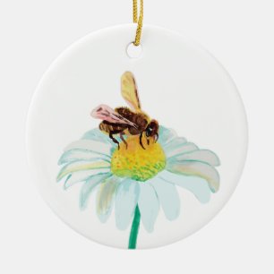 Honungsbin på en vit blomma julgransprydnad keramik