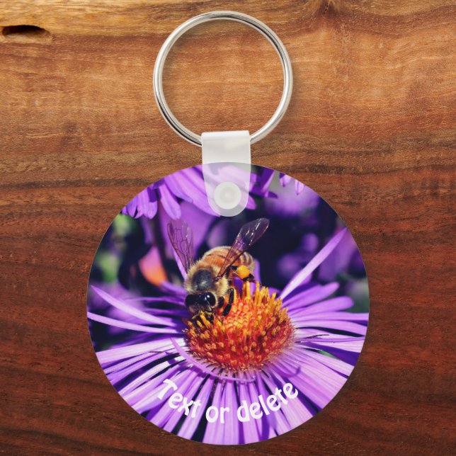 Honungsbin på Lila Aster Flower Personlig Nyckelring (Framsida)