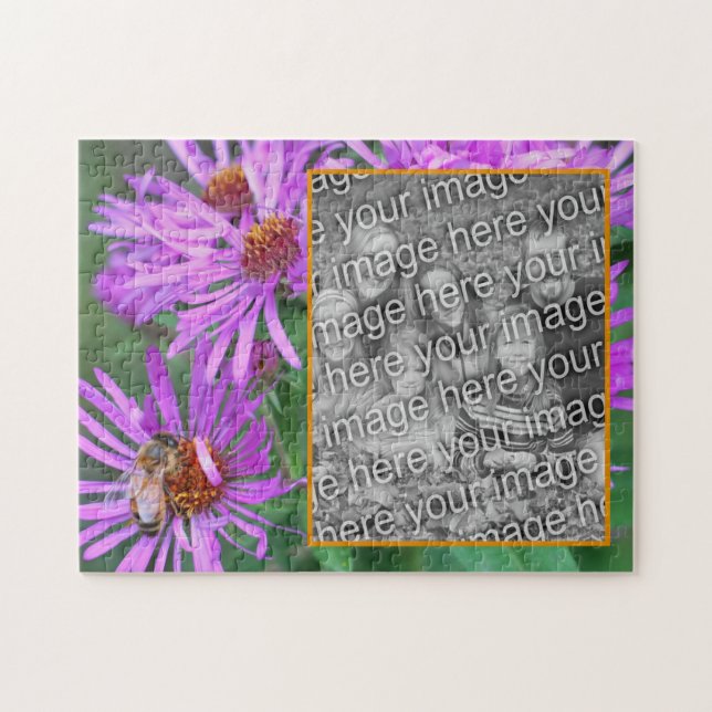 Honungsbin på Rosa Aster Flower lägg till foto Pussel (Horisontell)