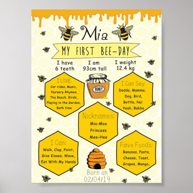 Honungsbin Party Milestone 1:a bidagen Poster (Framsidan)