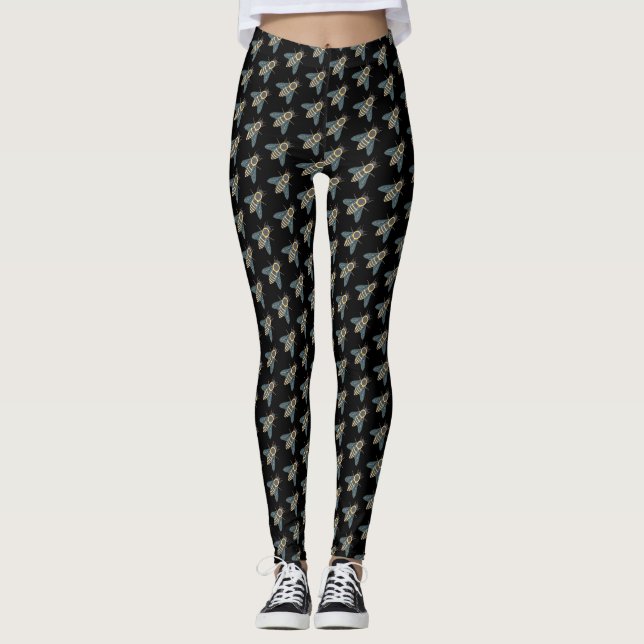 Honungsbin (svart) - Hel-/överlager Leggings (Framsida)