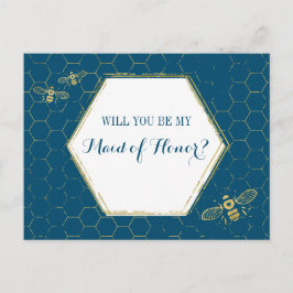 Honungsbin Teal Guld Anpassningsbar Maid of honor Inbjudan Vykort