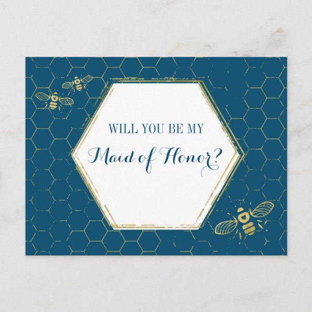 Honungsbin Teal Guld Anpassningsbar Maid of honor  Inbjudan Vykort (Framsida)