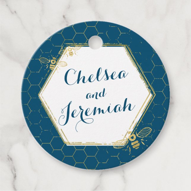 Honungsbin Teal Guld eget namn Bröllop Gåvor Etiketter (Framsida)