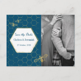 Honungsbin Teal Guld Photo Save Date Postcard Vykort