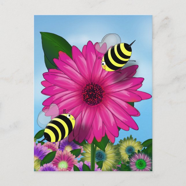 Honungsbin träffas på rosa blomma vykort (Framsida)
