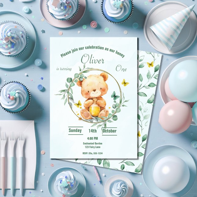 Honungsbjörn Cute Greenery Boy 1st Birthday Inbjudningar (Skapare uppladdad)