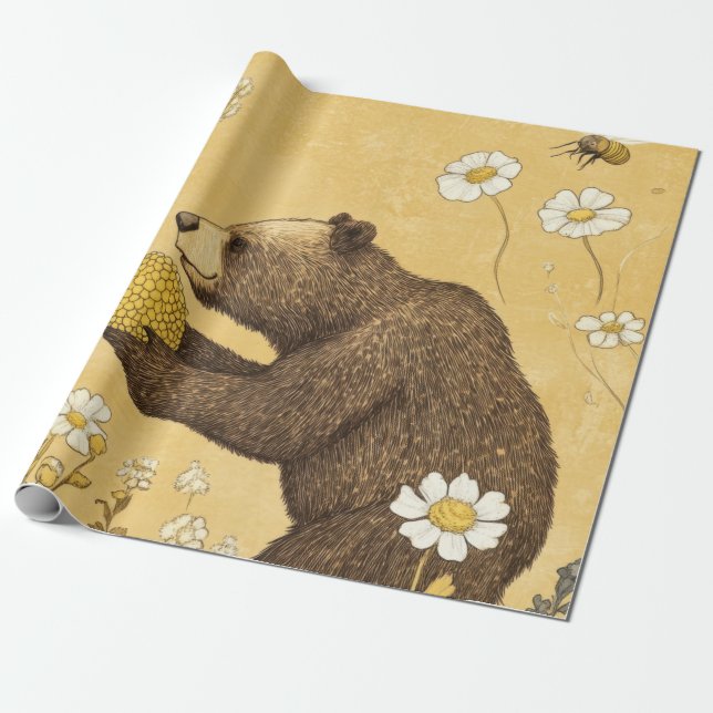 Honungsbjörn i äng med vilda blommor presentpapper (Utrullad)