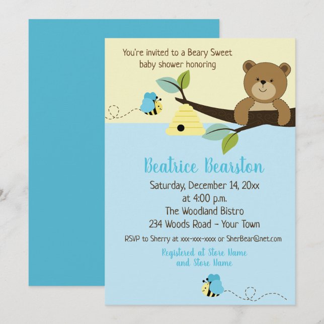 Honungsbjörn och Boy Humla Baby Shower Inbjudan (Fram/baksida)