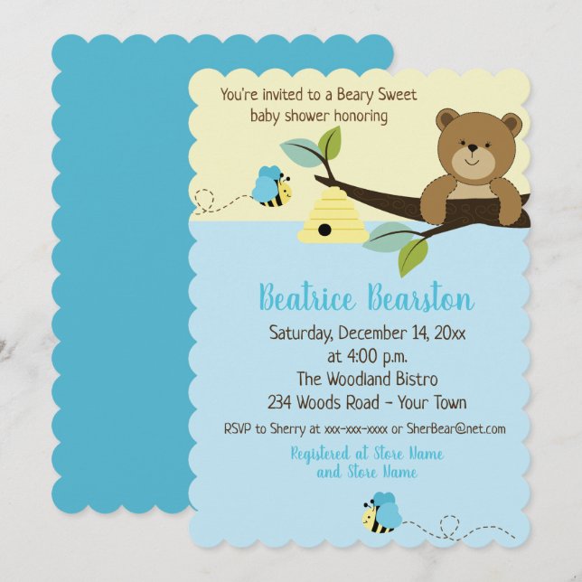 Honungsbjörn och Boy Humla Baby Shower Inbjudan (Fram/baksida)