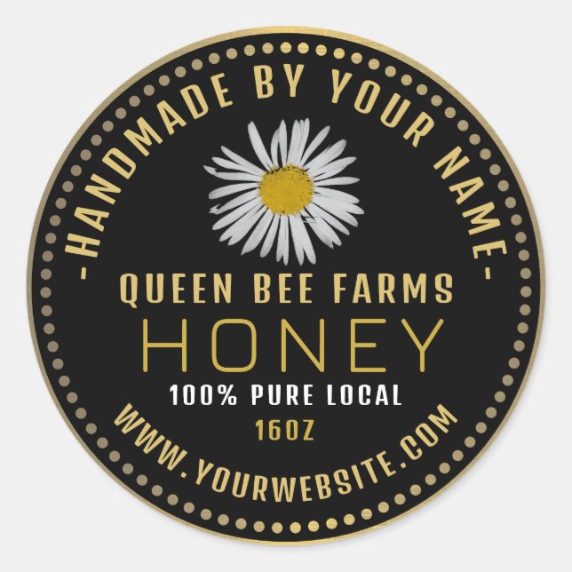 Honungsetikett Black Guld | Vildblomma Runt Klistermärke (Framsida)