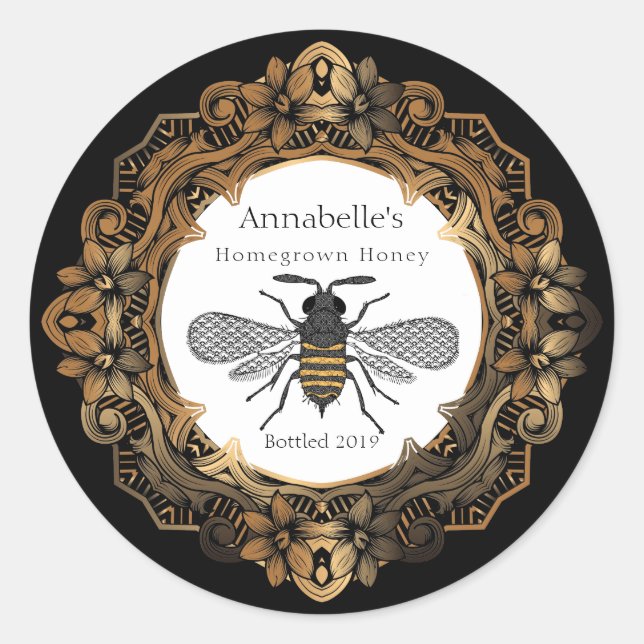 Honungsetikett finare Guld honung Runt Klistermärke (Framsida)