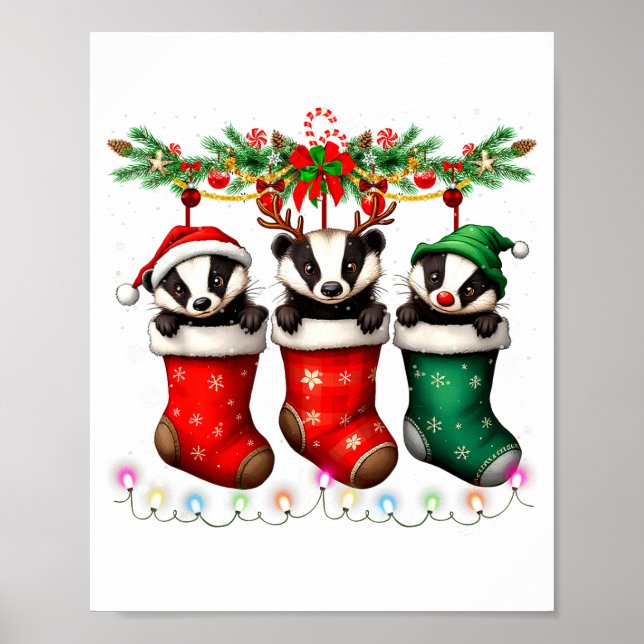 Honungsgrävling i julstrumpor lyser honungsmärke poster (Framsidan)