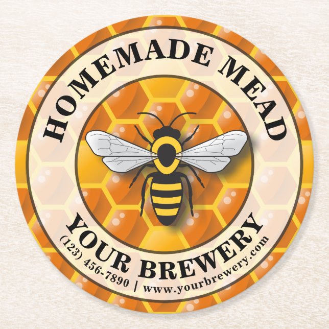 Honungshoneycomb Bee Apiary / Mead Template Underlägg Papper Rund (Framsidan)