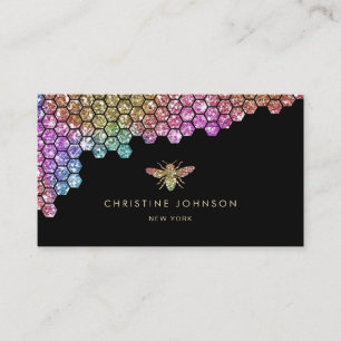 honungskomb faux rainbow glitter bi på svart visitkort