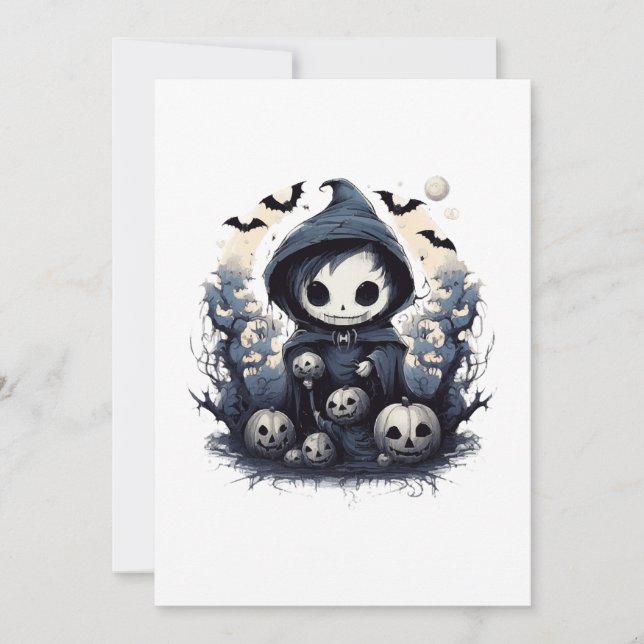 Hooded Chibi Reaper Halloween - Whimsical Mörk Flä Inbjudningar (Framsida)