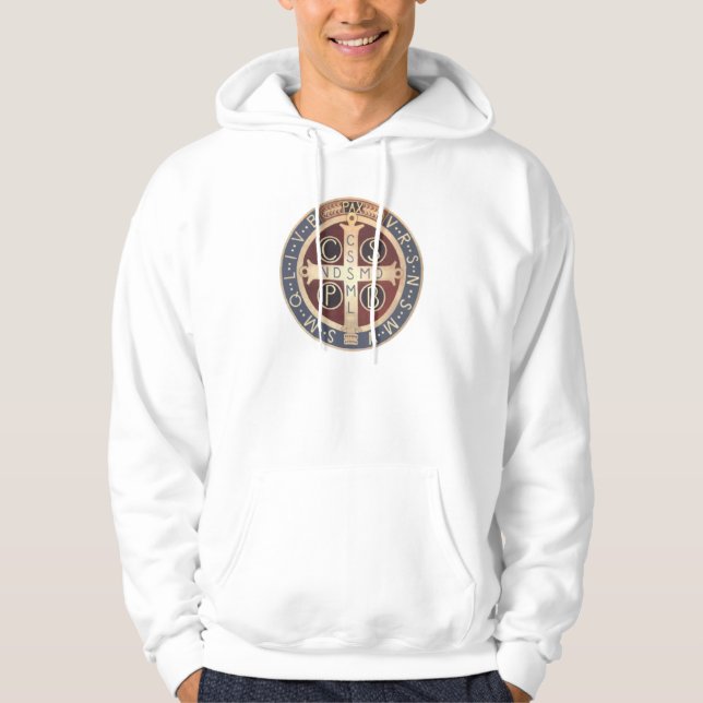 Hooded tröja för vit med medaljen av St. Benedict Hoodie (Framsida)