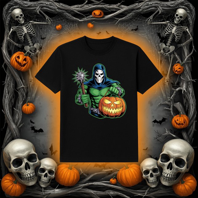 Hooded Villain Skull Mask Flail Halloween T Shirt (Skapare uppladdad)