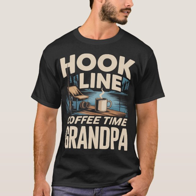 Hook Line Coffee Time Farfar Fiske Morgon T Shirt (Framsida)