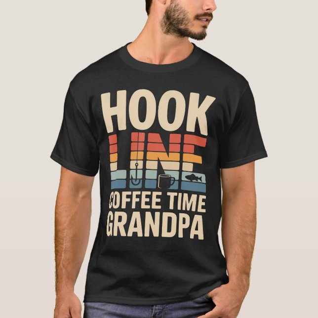 Hook Line Coffee Time Farfar Fiske Morgon T Shirt (Framsida)