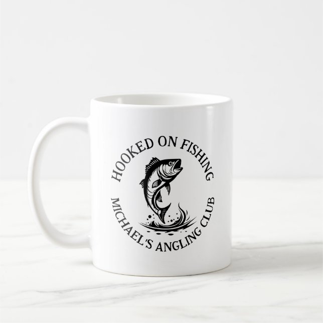 Hooked On Fishing-logotyp, Personlig Fiskeklubb Kaffemugg (Vänster)