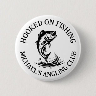 Hooked On Fishing-logotyp, Personlig Fiskeklubb Knapp