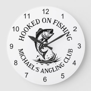 Hooked On Fishing-logotyp, Personlig Fiskeklubb Stor Klocka