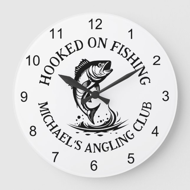 Hooked On Fishing-logotyp, Personlig Fiskeklubb Stor Klocka (Framsida)