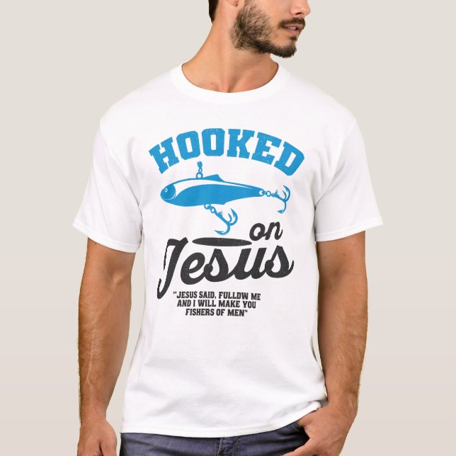 Hooked on Jesus Christian Fishing T-Shirt – Fisher (Framsida)