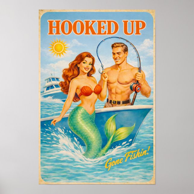 Hooked Up Retro Pin-Up Mermaid | Fishing Boat Art Poster (Framsidan)
