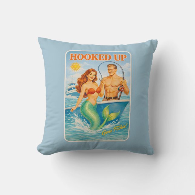 Hooked Up Retro Pin-Up Mermaid | Fishing Boat Blue Kudde (Framsida)
