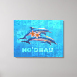 HO'OMAU Hawaiian Dolphins Primitive Collage Canvastryck