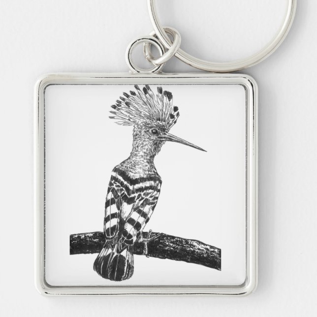 Hoopoe teckning fyrkantig silverfärgad nyckelring (Framsidan)