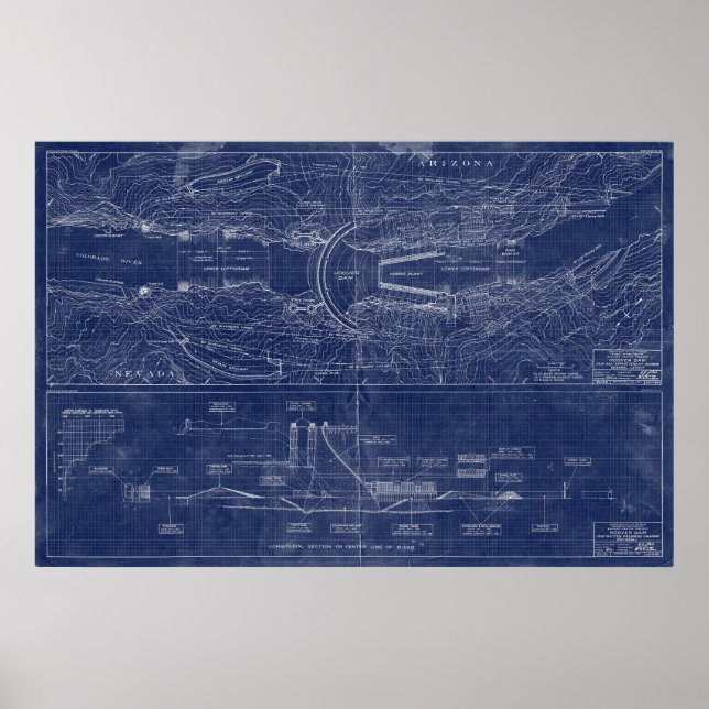 Hoover Dam Blueprint-Stil Schematic Poster (Framsidan)