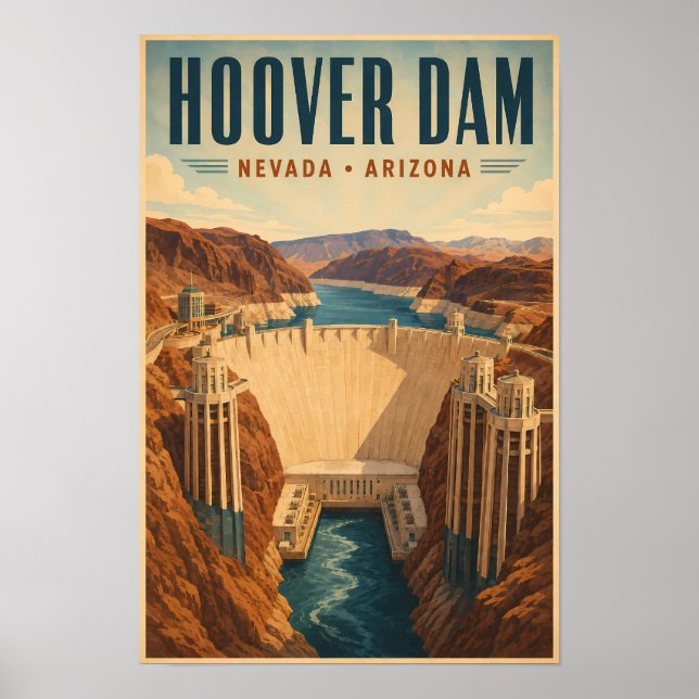 Hoover Dam Kraftverksillustration Resa Konst Poster (Framsidan)